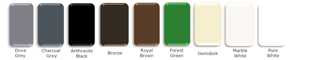 A selection of eight color swatches including Dove Grey, Charcoal Grey, and Pure White for paint options.